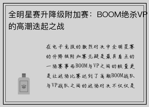 全明星赛升降级附加赛：BOOM绝杀VP的高潮迭起之战