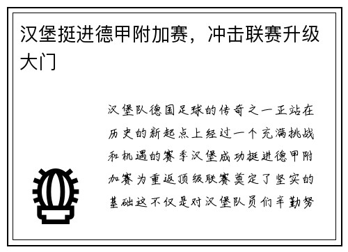 汉堡挺进德甲附加赛，冲击联赛升级大门